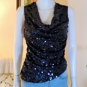 Midnight Blue Sleeveless Cowl Neck Mixed Media Evening Top with Sequins Size XSP